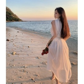 Summer Elegant Women's Two Pieces Set Dress Gentle High Collar Sleeveless Solid Chiffion Midi Dress Fashion Sexy Korea Sundress