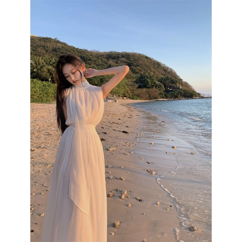 Summer Elegant Women's Two Pieces Set Dress Gentle High Collar Sleeveless Solid Chiffion Midi Dress Fashion Sexy Korea Sundress Summer Elegant Women's Two Pieces Set Dress Gentle High Collar Sleeveless Solid Chiffion Midi Dress Fashion Sexy Korea Sundress