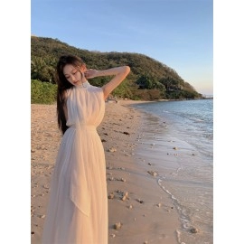 Summer Elegant Women's Two Pieces Set Dress Gentle High Collar Sleeveless Solid Chiffion Midi Dress Fashion Sexy Korea Sundress