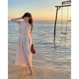 Summer Elegant Women's Two Pieces Set Dress Gentle High Collar Sleeveless Solid Chiffion Midi Dress Fashion Sexy Korea Sundress